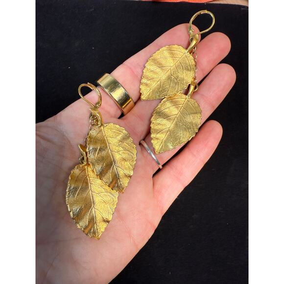 Kenneth Jay Lane Gold Leaf Earrings 3” EUC Perfect Saks Pierced Whimsical Witch - Picture 10 of 12